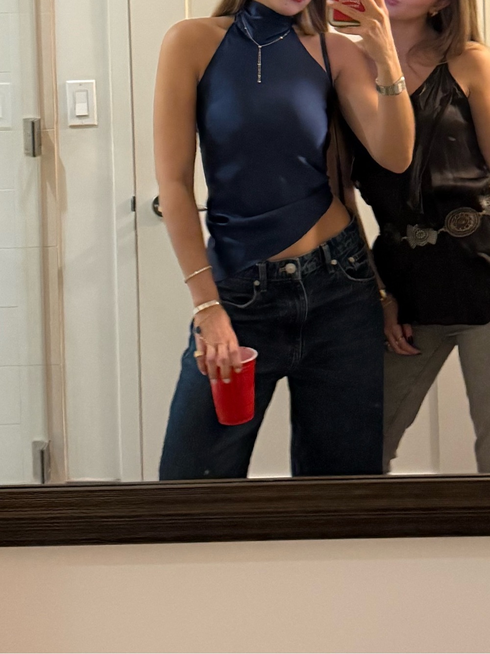 Zara Navy Satin Halter Tank Top